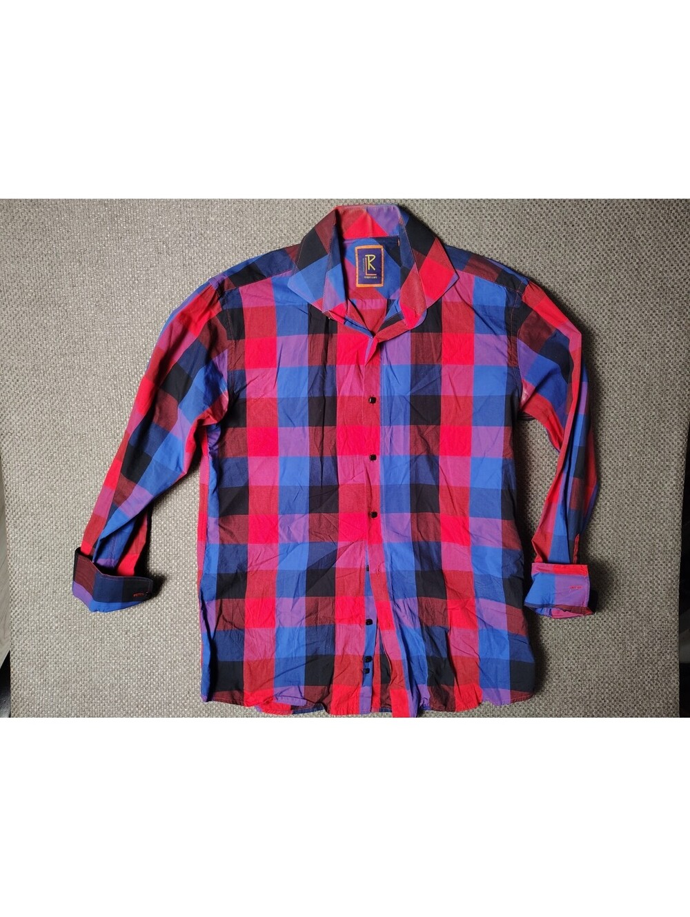 Robert Lewis Downtown Mens L Blue Red Large Block Check Plaid Dress Shirt Long